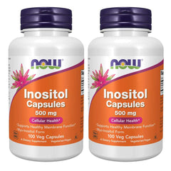 NOW Foods Inositol 500mg bottle front view emphasizes label and dosage for healthy membrane support.