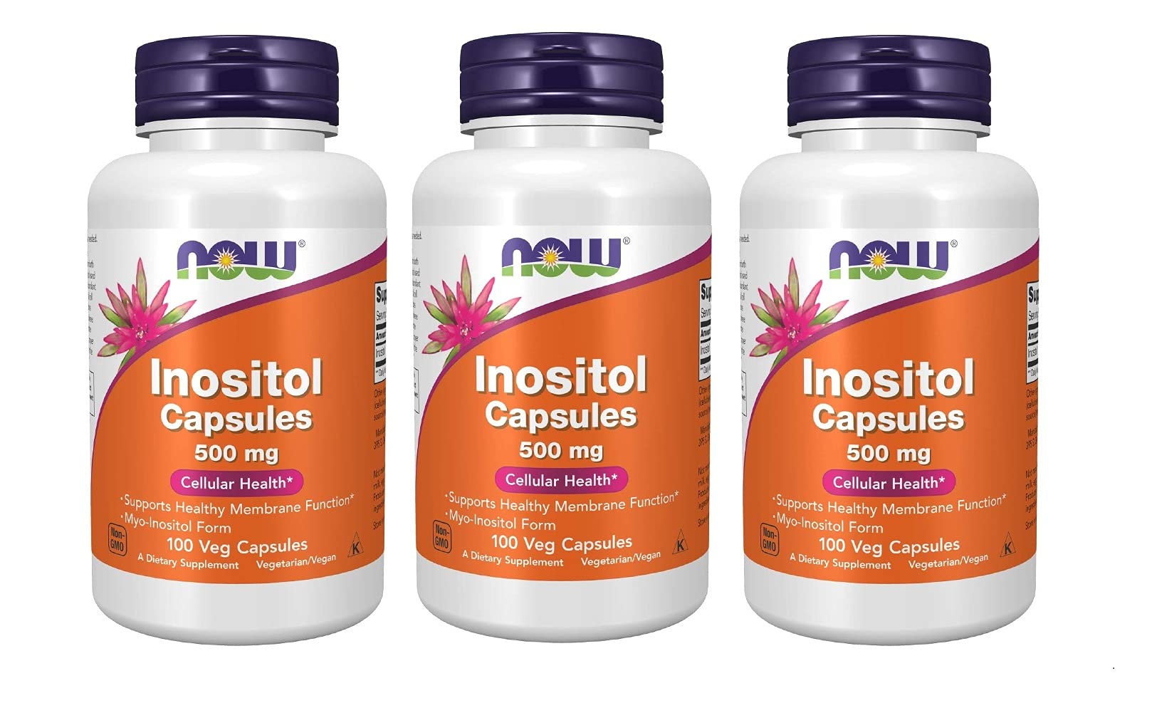 NOW Foods Inositol 500mg bottle close-up highlighting cellular health support.