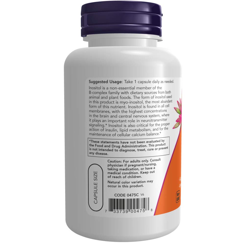 NOW Foods Inositol 500mg capsules close-up, convenient daily supplement for support.