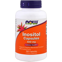 NOW Foods Inositol 500mg label detail showing ingredients and potential fat metabolism support.