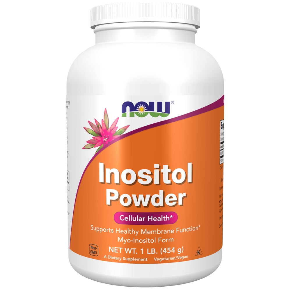NOW Foods Inositol powder bottle for daily supplementation and cellular support.