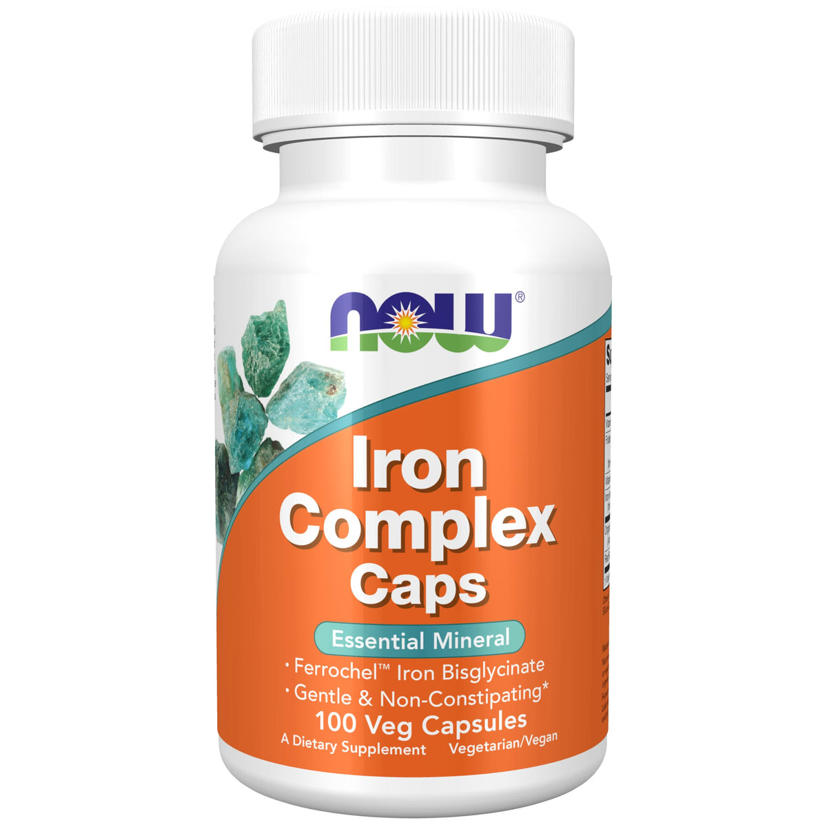 NOW Foods Iron Complex capsules bottle shows non-constipating iron support for daily wellness.