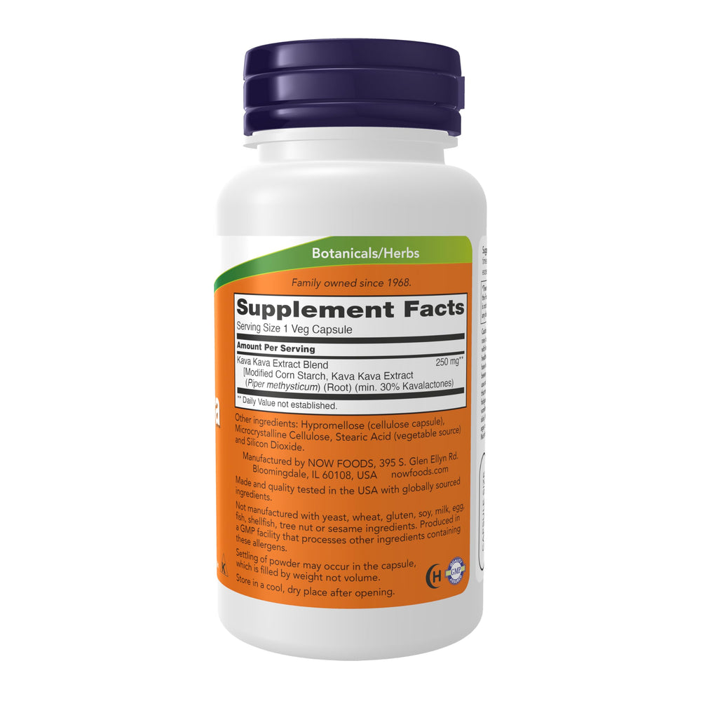 NOW Foods Kava Kava capsules close-up highlighting 60 vegan capsules for daily use