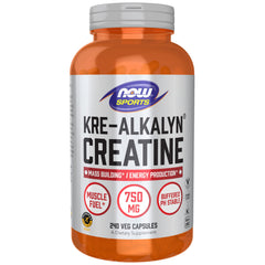 NOW Foods Kre-Alkalyn Creatine 750 mg bottle front view highlighting dosage and stability benefits