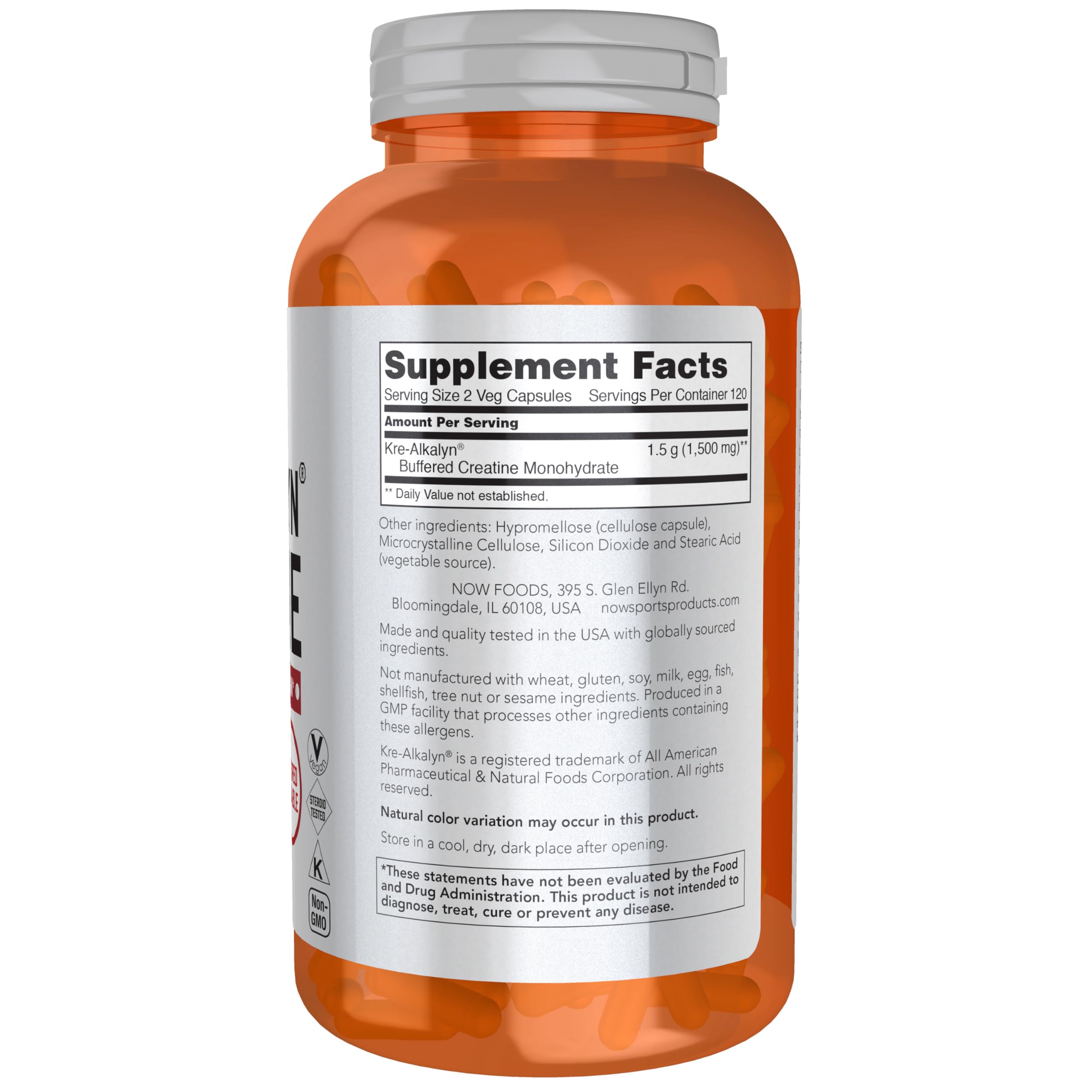 NOW Foods Kre-Alkalyn Creatine bottle label close-up showcasing pH-buffered formula