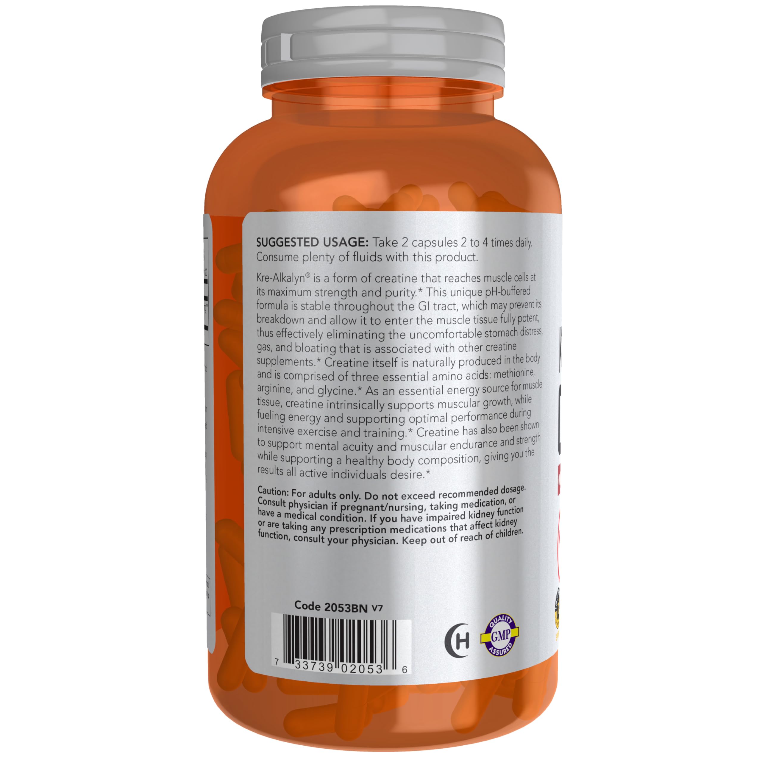 NOW Foods Kre-Alkalyn Creatine capsules close-up, quality and concentration at a glance