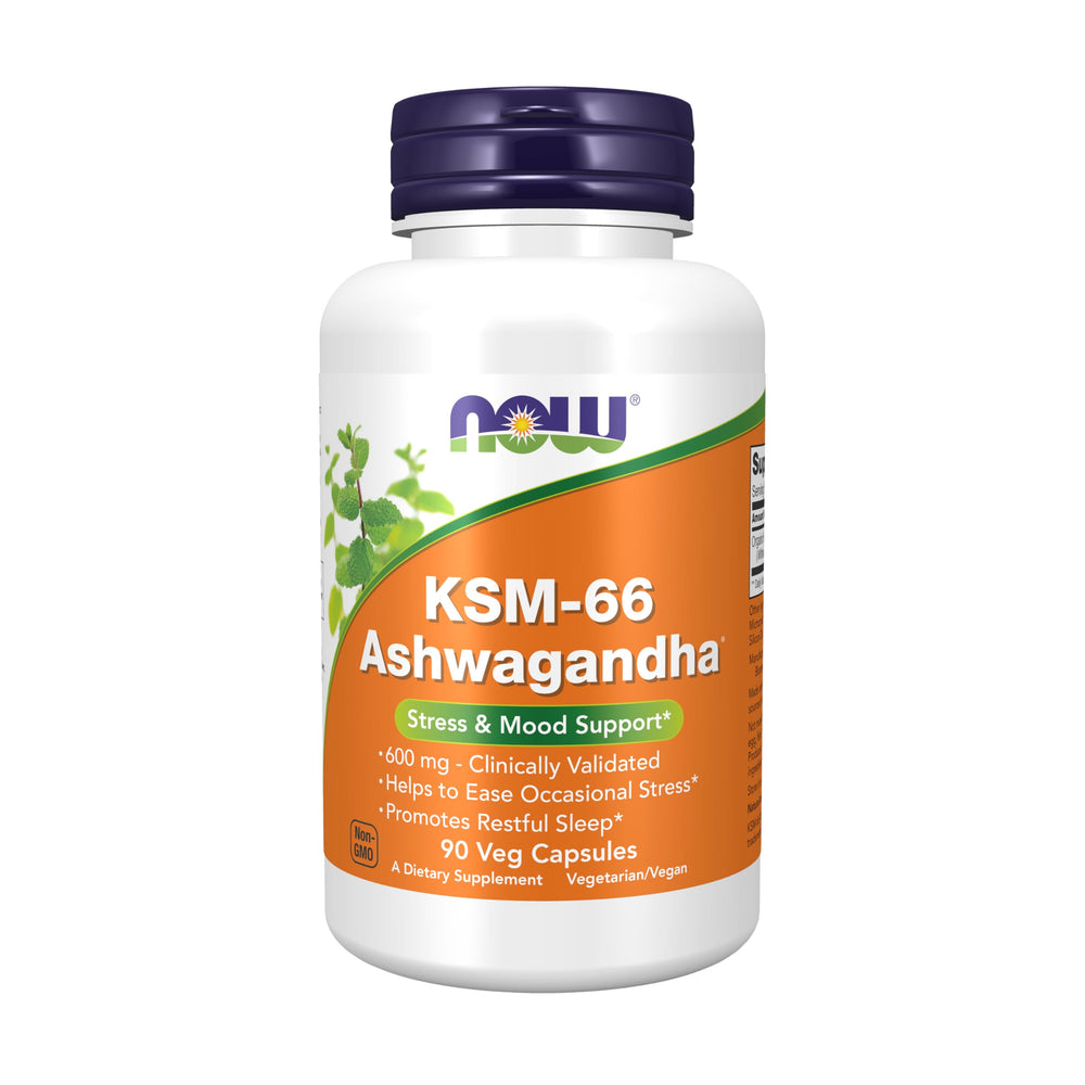 NOW Foods KSM-66 Ashwagandha bottle: full-spectrum extract for daily stress support.