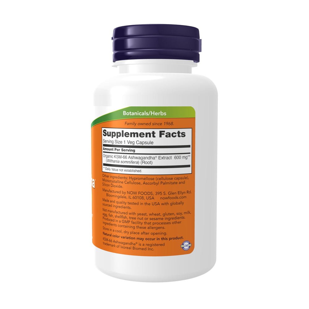 NOW Foods KSM-66 Ashwagandha capsules ready for easy daily use.