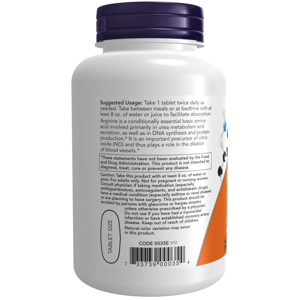 NOW Foods L-Arginine 1000mg nutrition facts panel for informed choices.