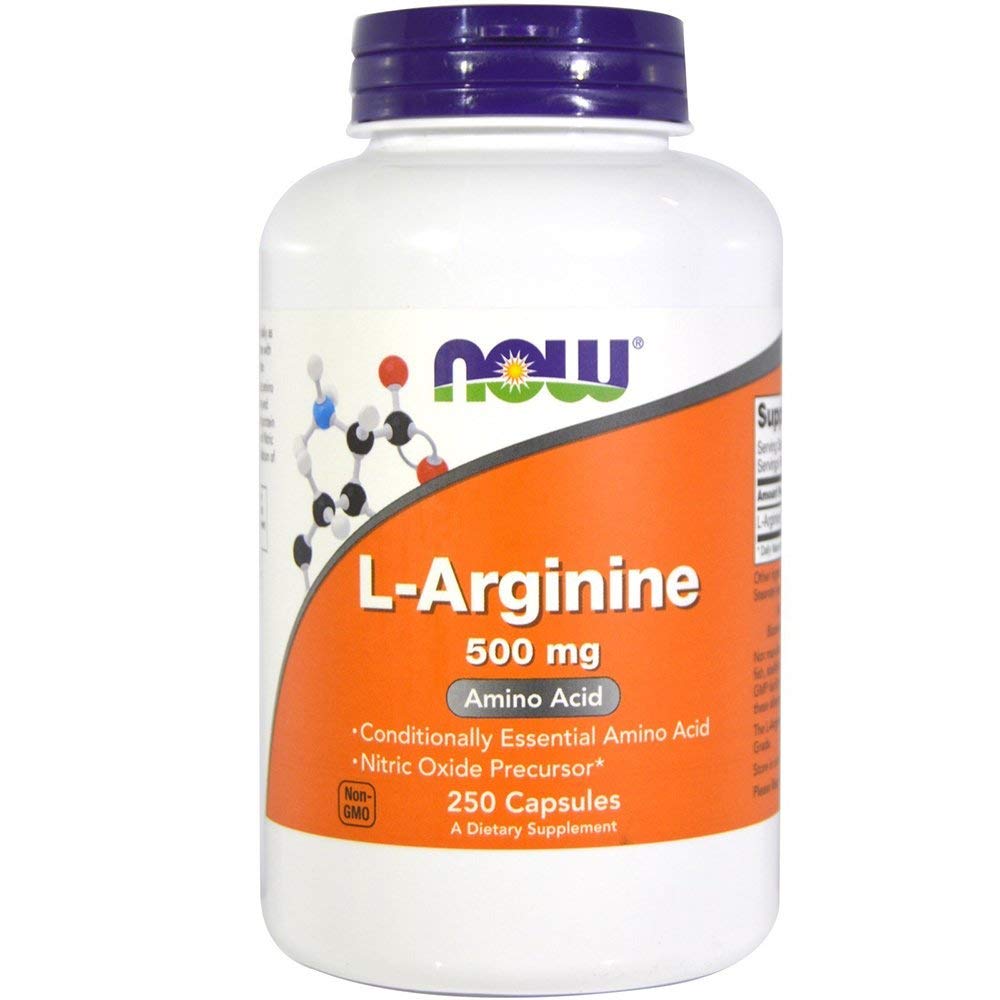 NOW Foods L-Arginine 500 mg bottle showing vegan capsules for daily wellness support.