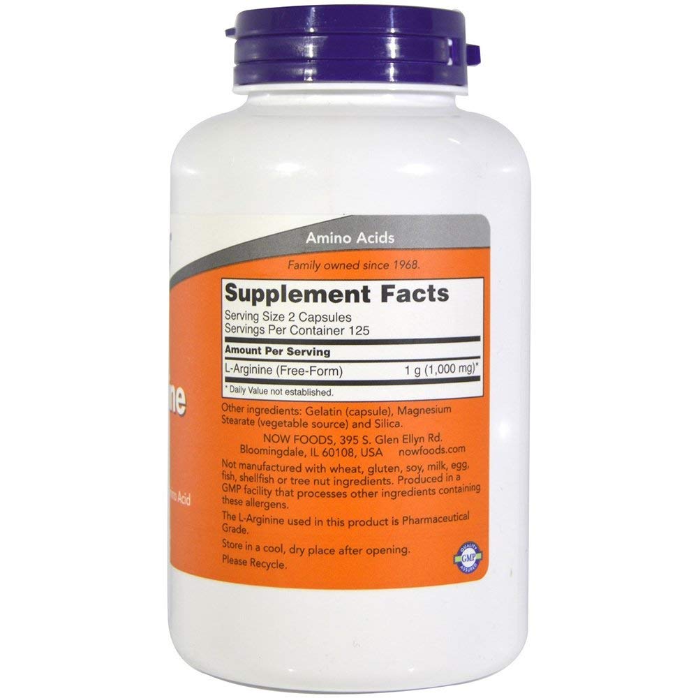 NOW Foods L-Arginine 500 mg label detail highlights capsule quality for daily use.