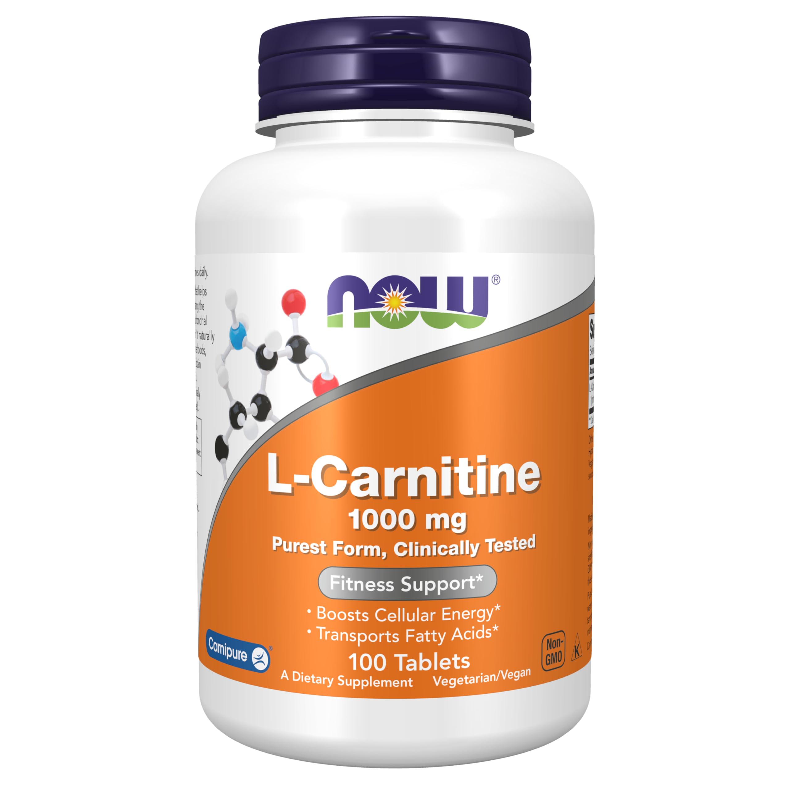 NOW Foods L-Carnitine 1,000 mg bottle front view showing pure vegetarian formula for energy support.