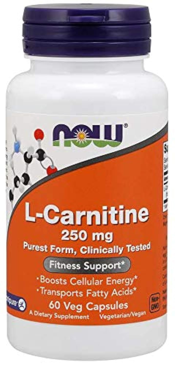 NOW Foods L-Carnitine 250mg bottle front view supports energy metabolism and daily wellness.