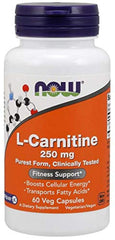 NOW Foods L-Carnitine 250mg bottle front view supports energy metabolism and daily wellness.