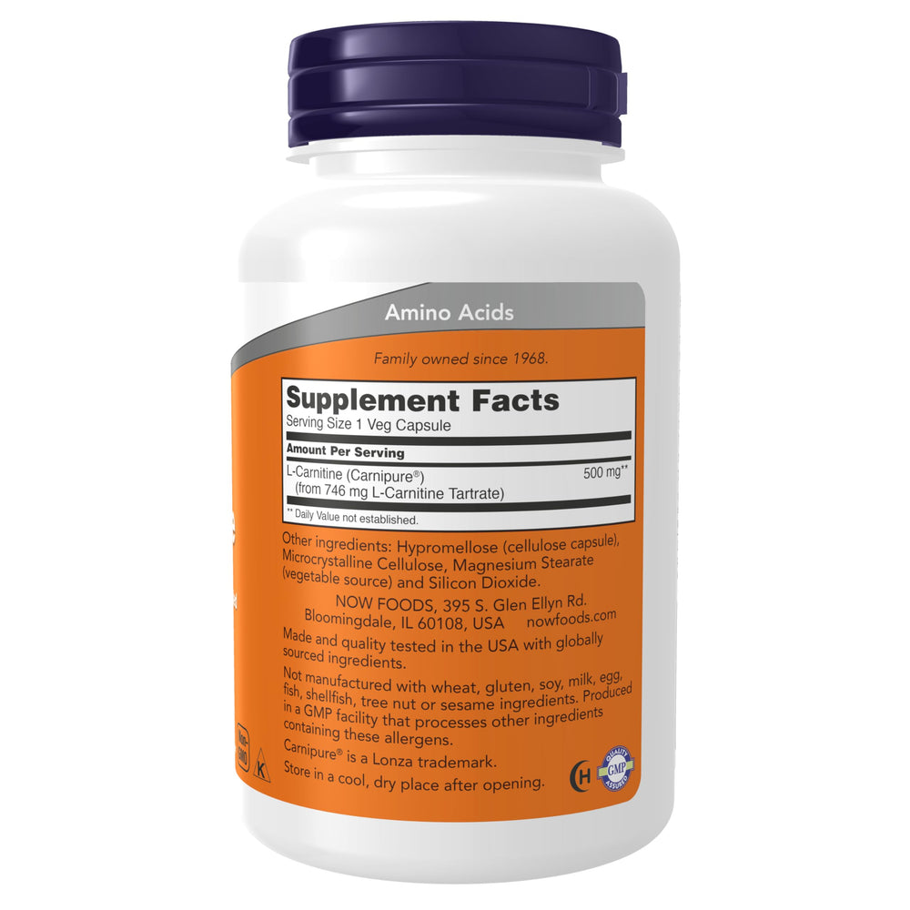 NOW Foods L-Carnitine 500mg bottle back showing nutrition facts