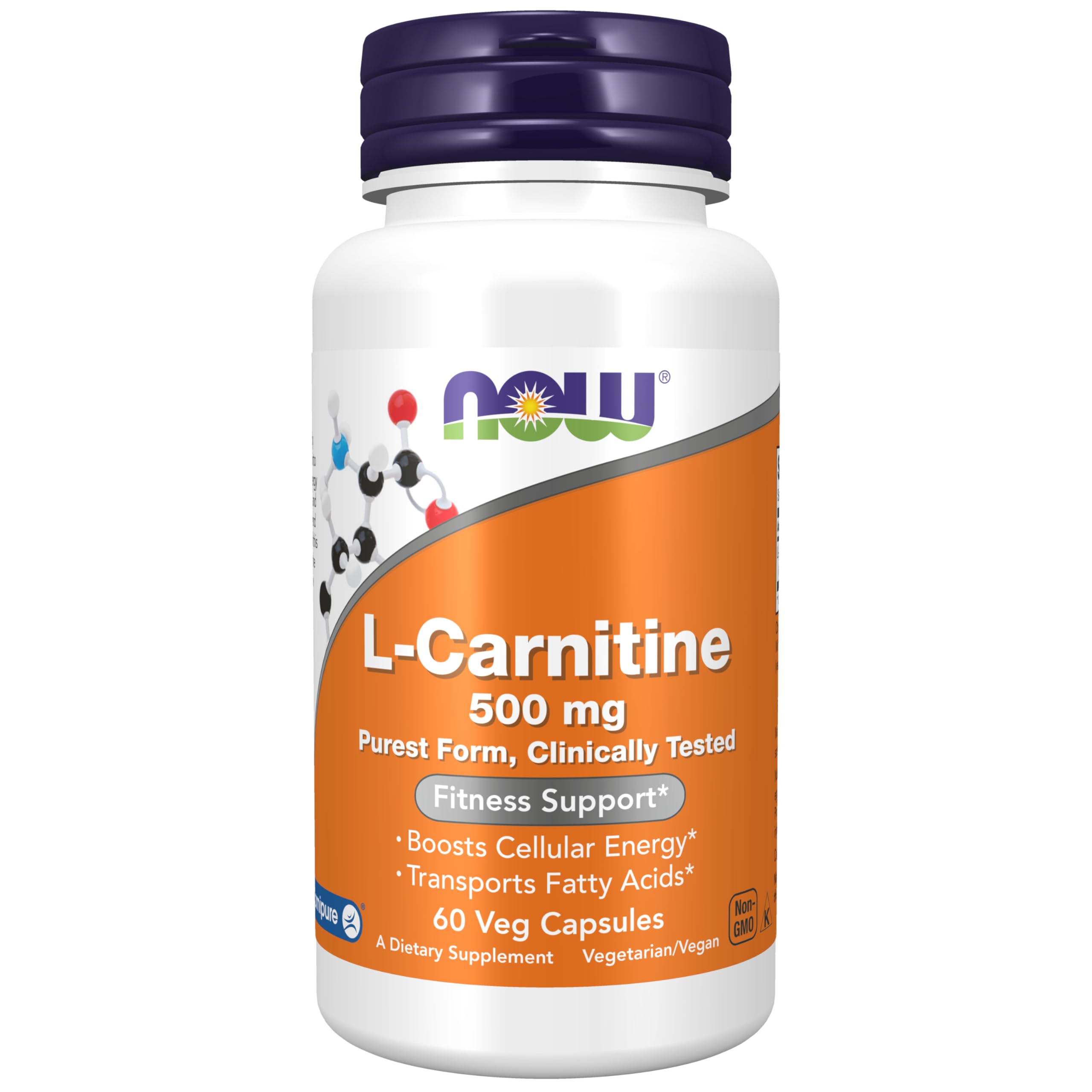NOW Foods L-Carnitine 500 mg veggie capsules bottle for pure vegetarian energy support.