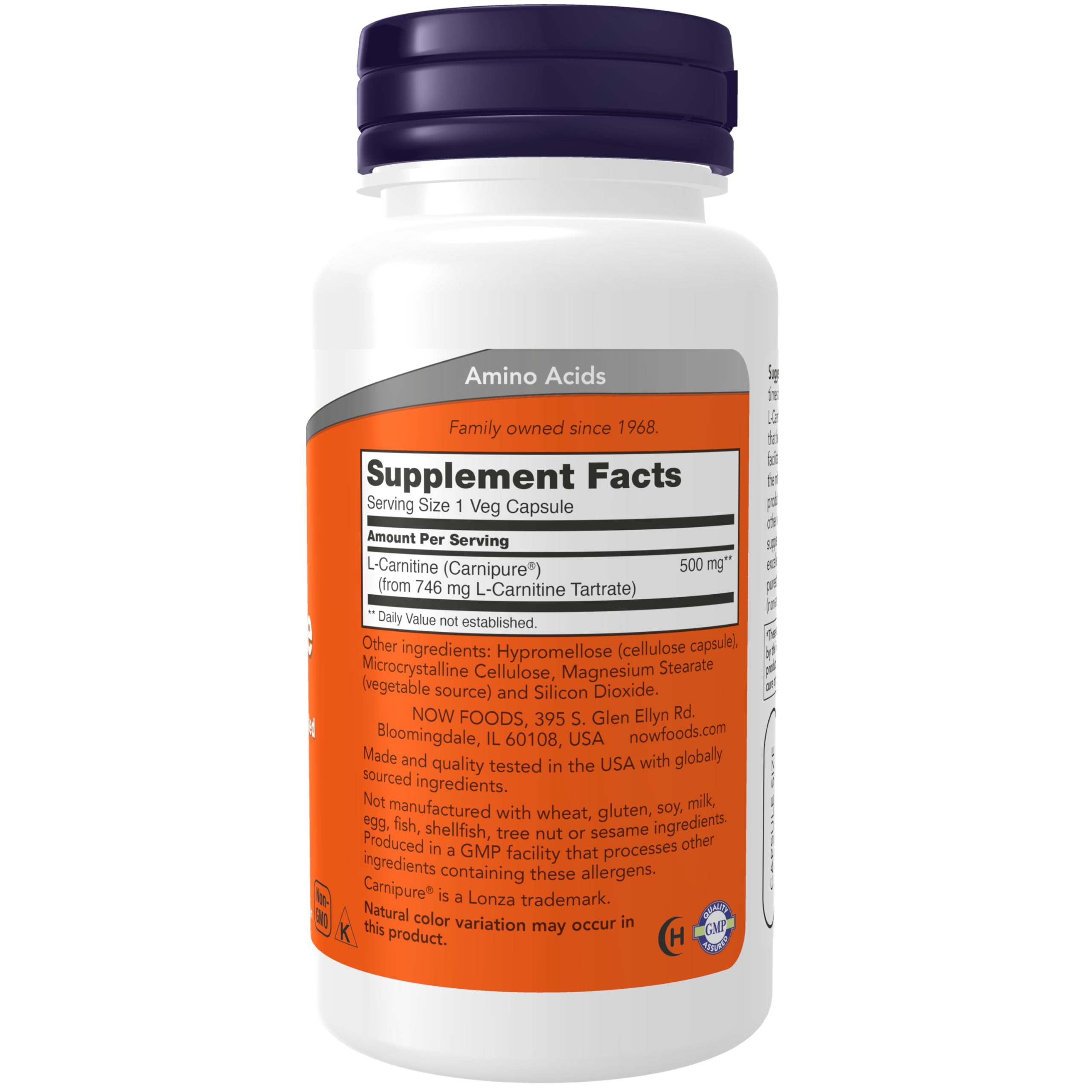 NOW Foods L-Carnitine 500 mg capsules closeup highlighting capsule texture and vegetarian formula.