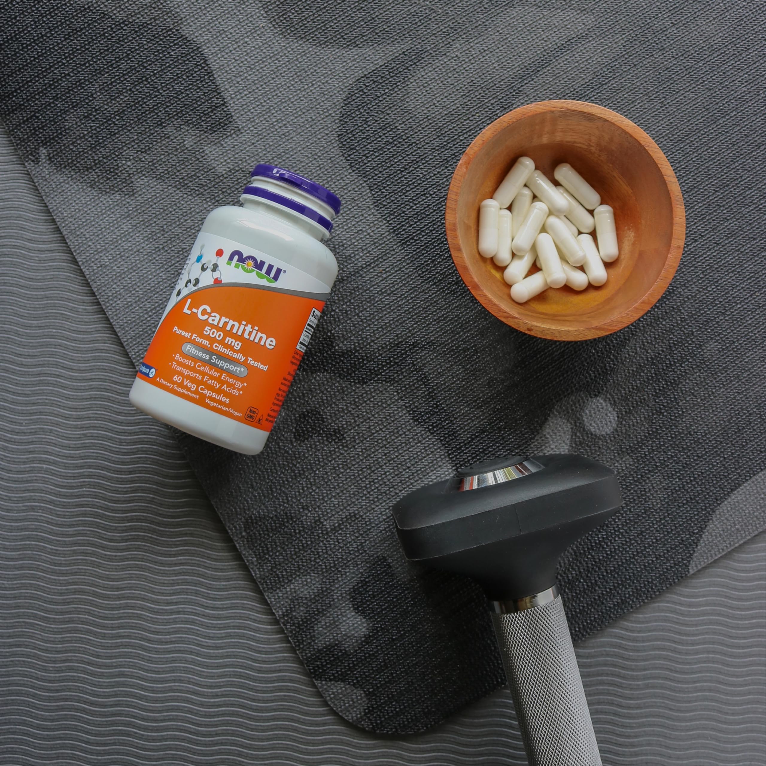 NOW Foods L-Carnitine 500 mg veggie capsules serving count on bottle.