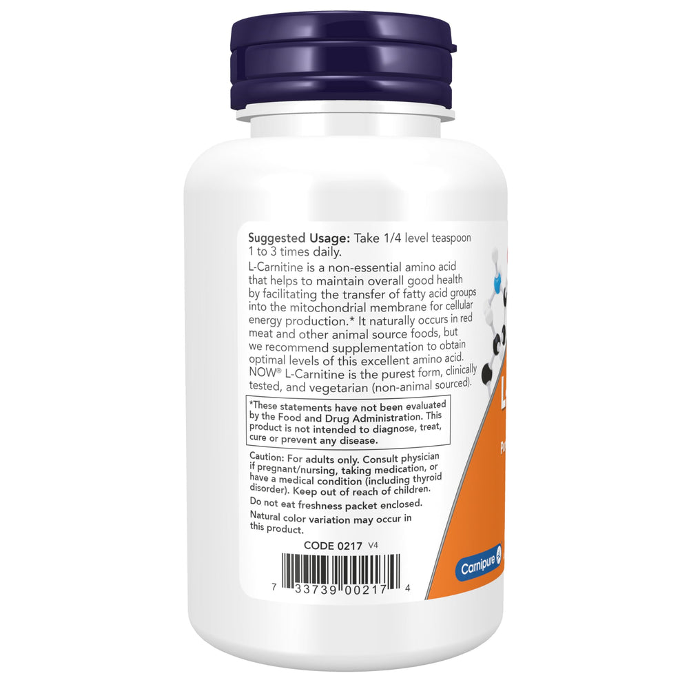 NOW Foods L-Carnitine Tartrate powder being poured into a shaker for energy