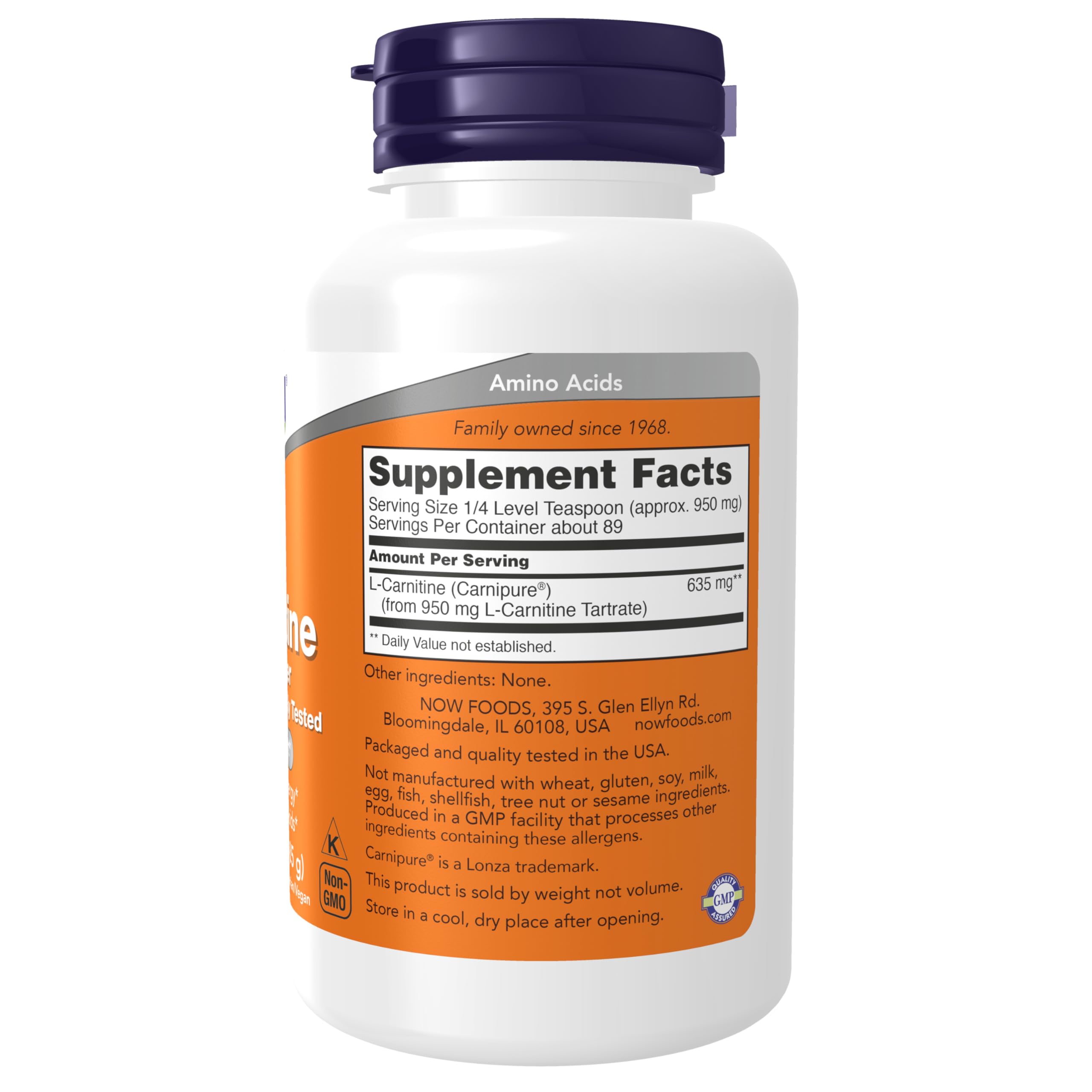 NOW Foods L-Carnitine Tartrate powder with scoop for precise daily servings