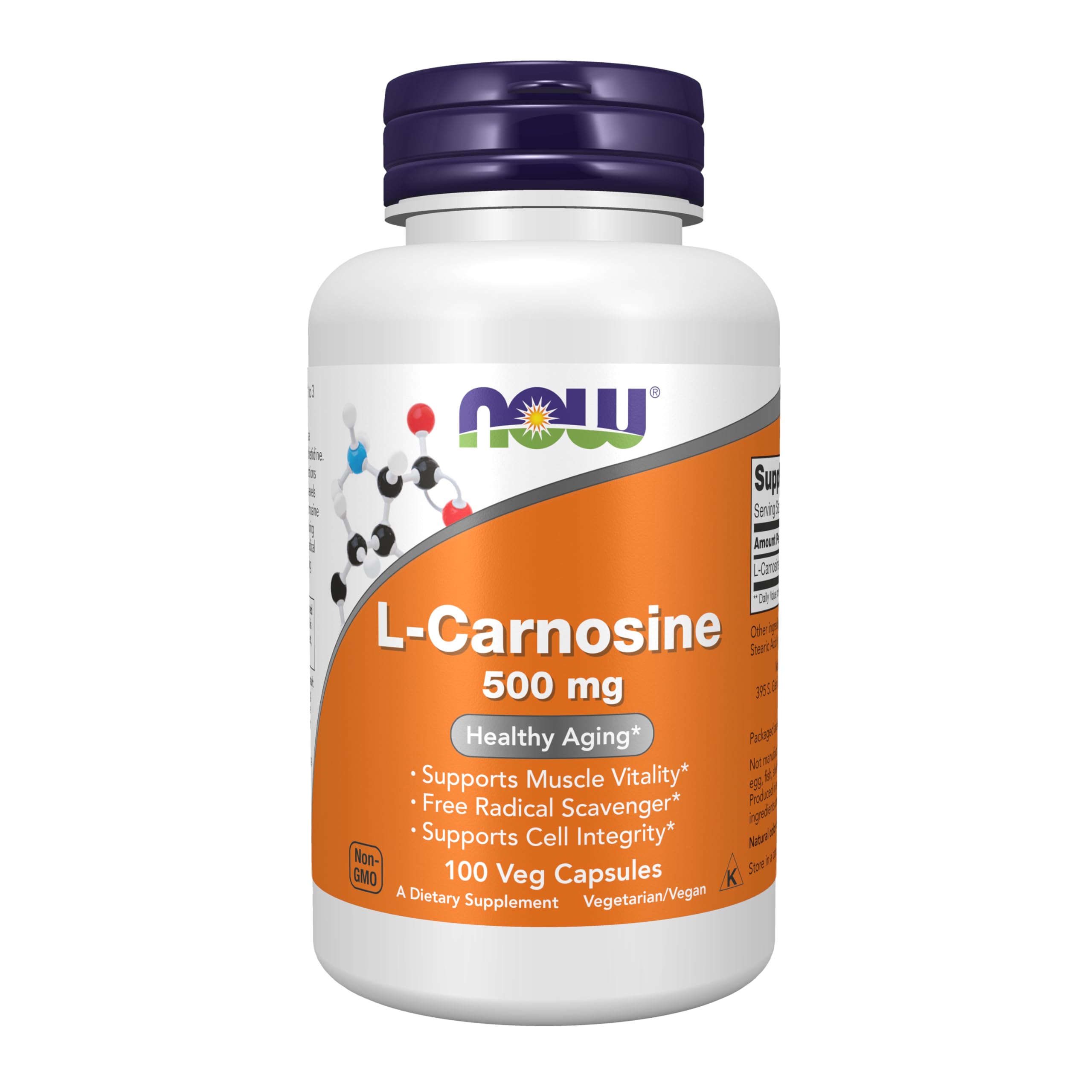 NOW Foods L-Carnosine 500 mg bottle supports healthy aging and muscle vitality.