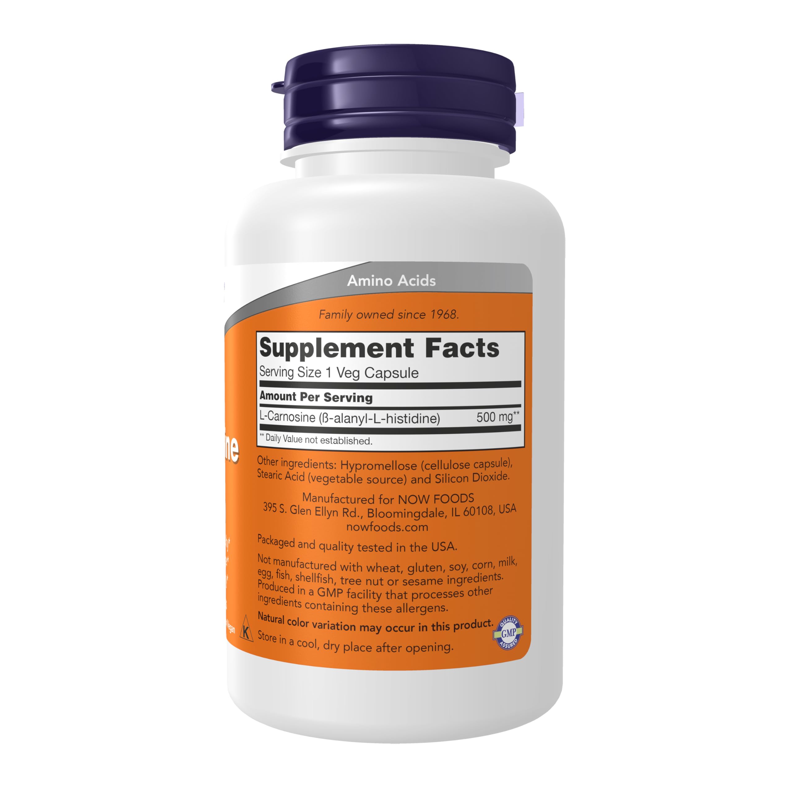NOW Foods L-Carnosine capsules closeup for convenient daily antioxidant support.