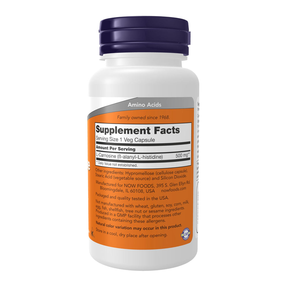 NOW Foods L-Carnosine label closeup emphasizes quality ingredients and 500 mg per capsule.