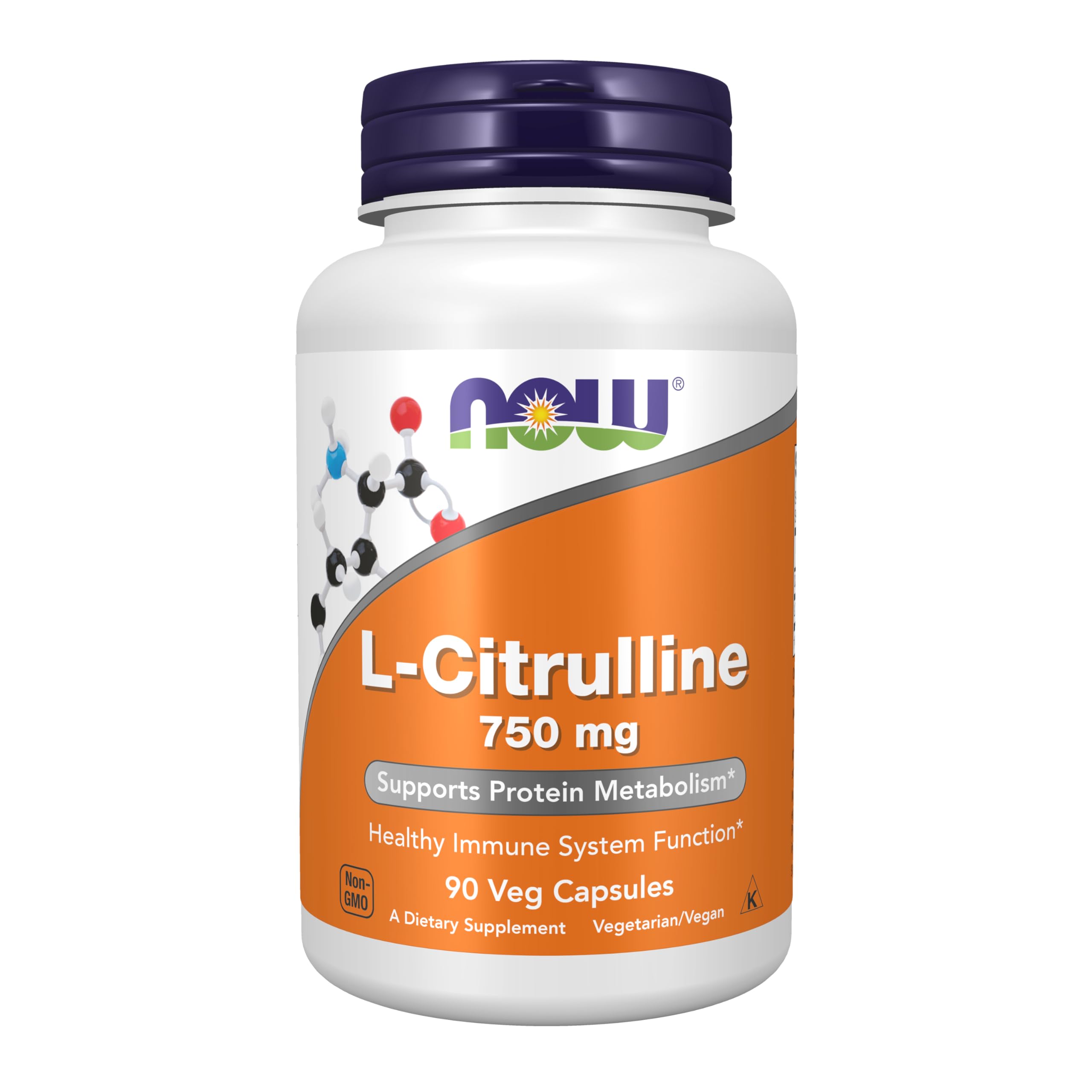 NOW Foods L-Citrulline 750 mg bottle front view supports protein metabolism.
