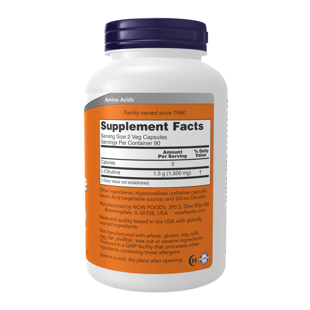 NOW Foods L-Citrulline label close-up, urea cycle support.