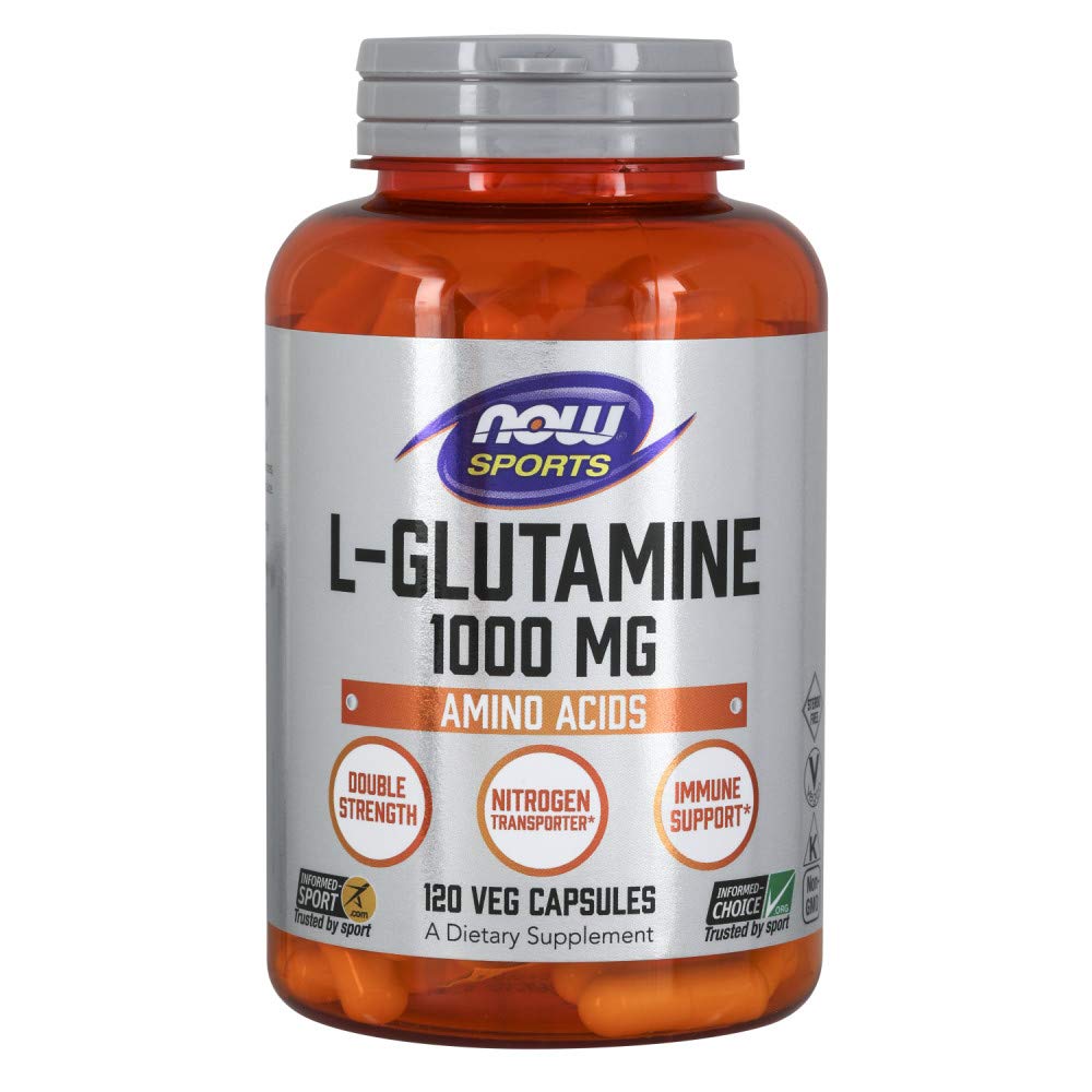 NOW Foods L-Glutamine 1000 mg capsules bottle, supporting immune health and gut nourishment