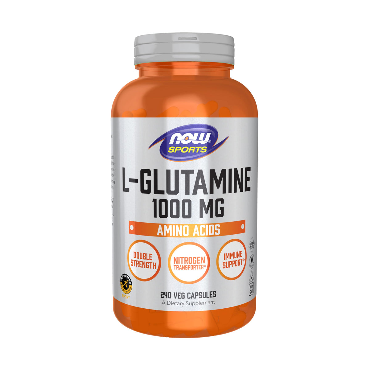 NOW Foods L-Glutamine capsules bottle benefiting nitrogen balance support.