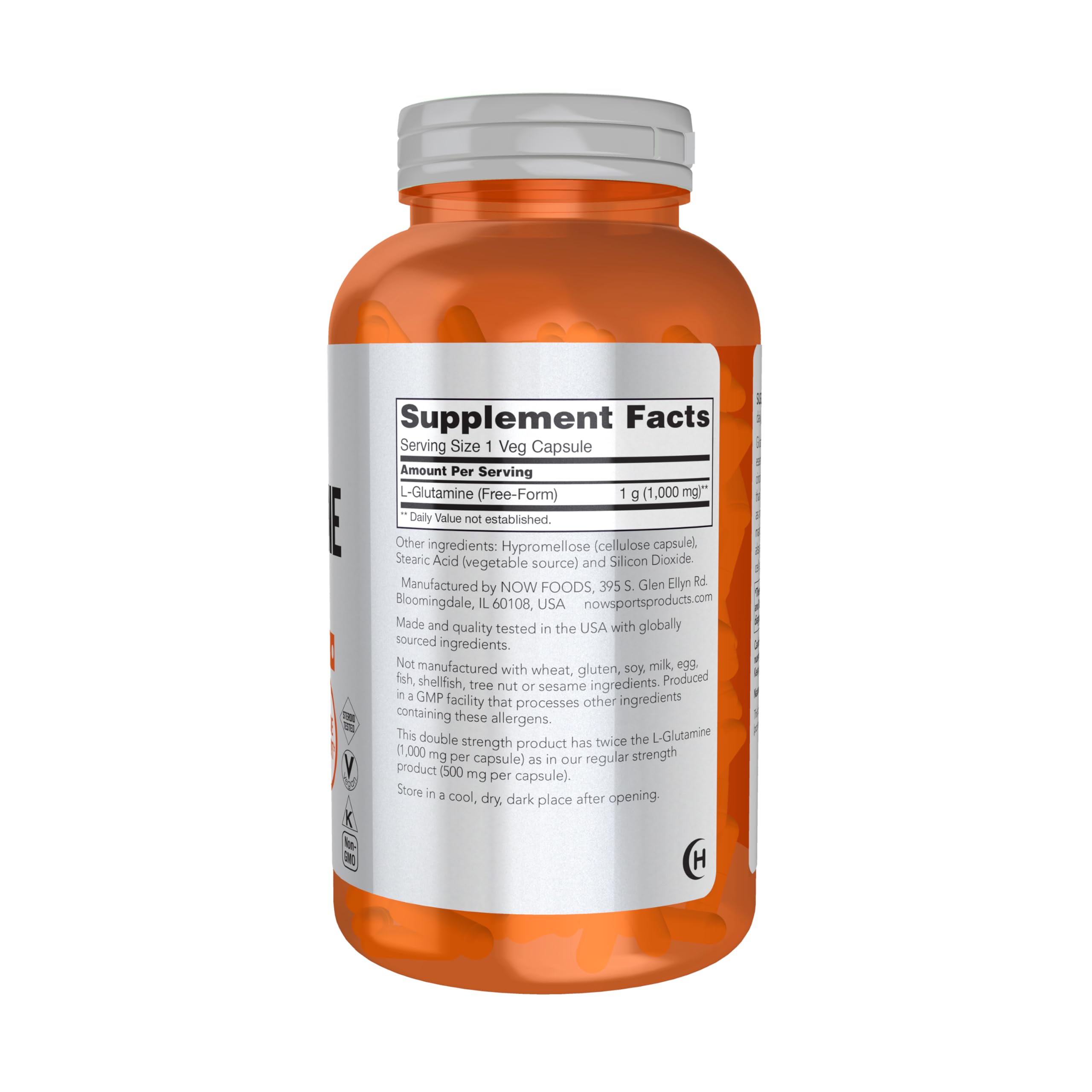 NOW Foods L-Glutamine bottle pour illustrating easy daily intake.