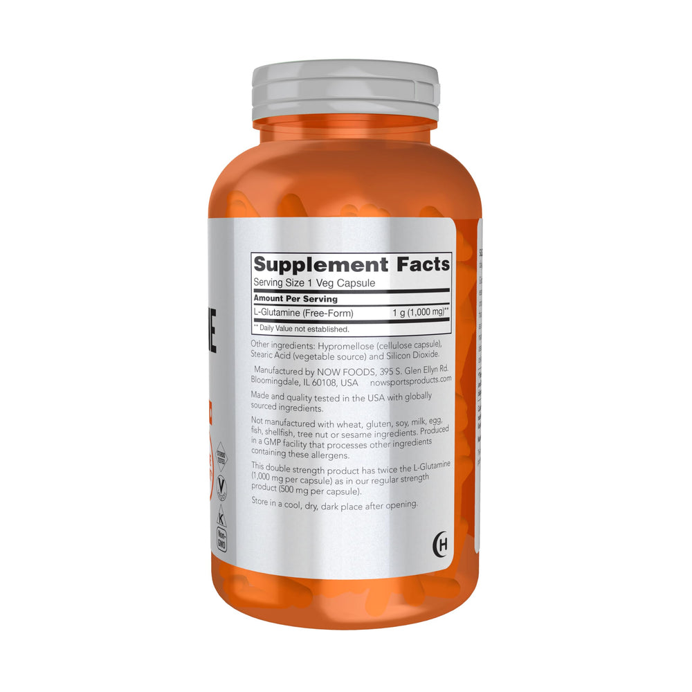 NOW Foods L-Glutamine bottle pour illustrating easy daily intake.