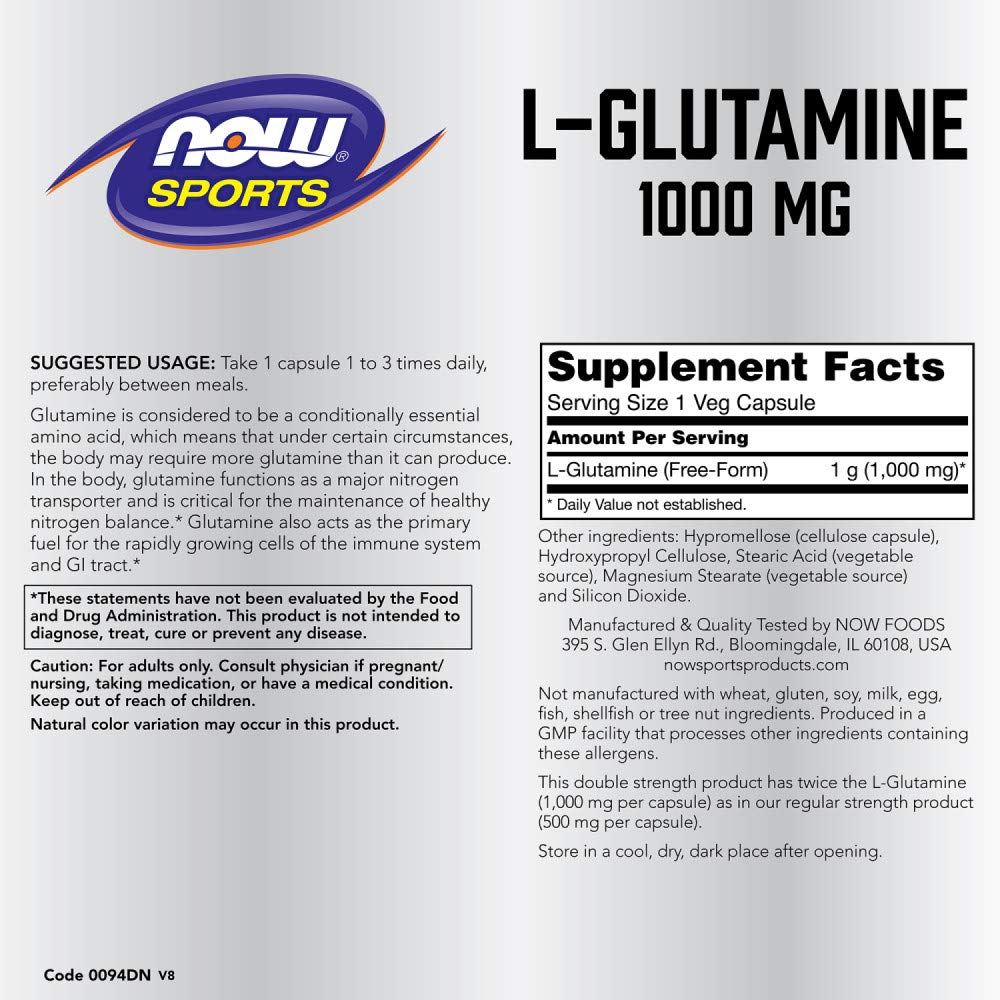 NOW Foods L-Glutamine label closeup showing product details and dosage clarity