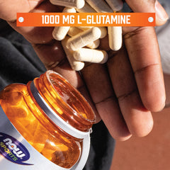 NOW Foods L-Glutamine label closeup shows 1000 mg per capsule.