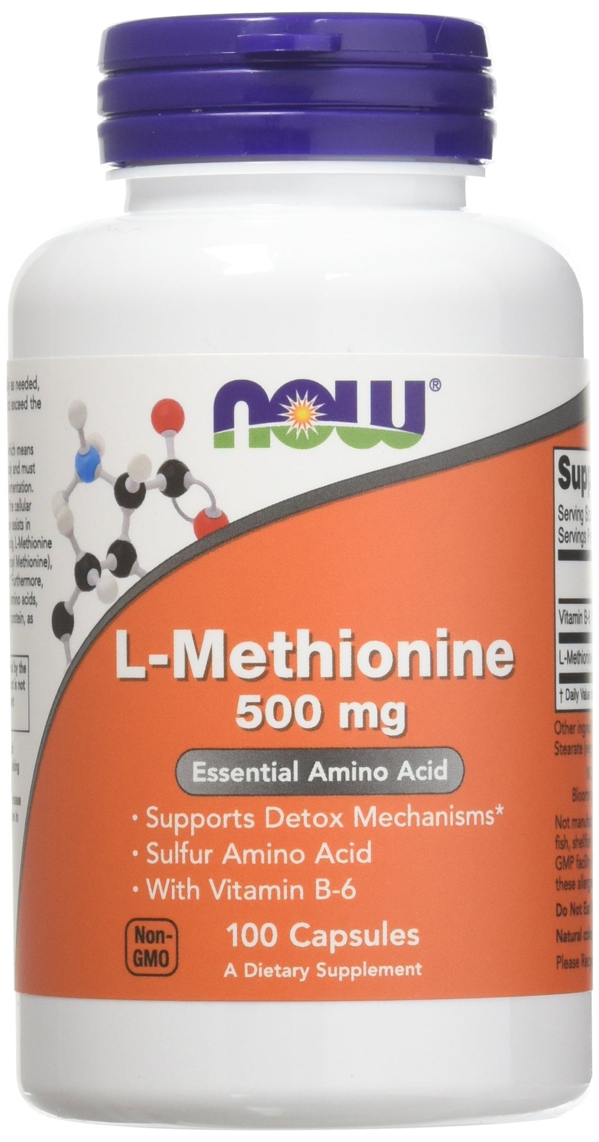 NOW Foods L-Methionine 500 mg bottle with capsules for detox support