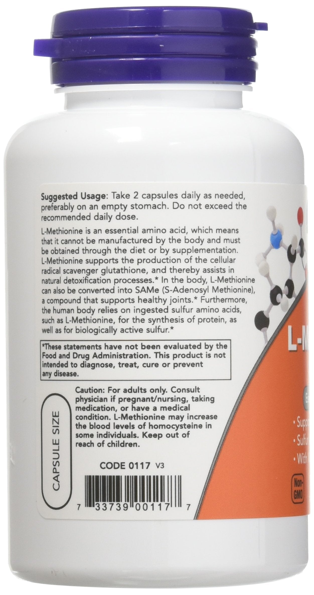 NOW Foods L-Methionine 500 mg capsules closeup showing joint health potential