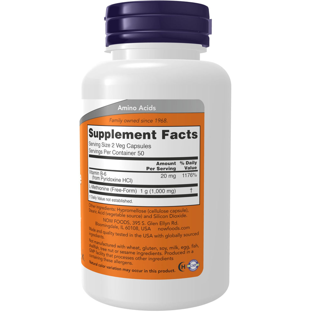 NOW Foods L-Methionine capsules close-up emphasizing easy daily use.