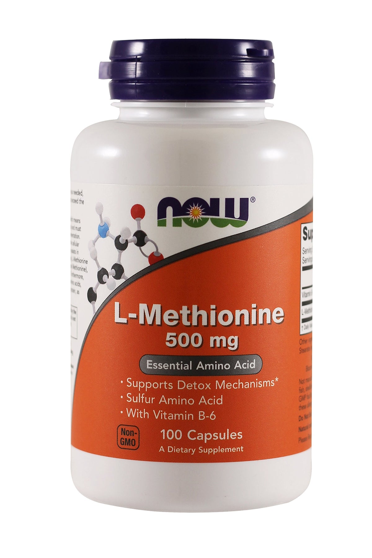Now Foods L-Methionine bottle front view; supports daily amino acid intake.