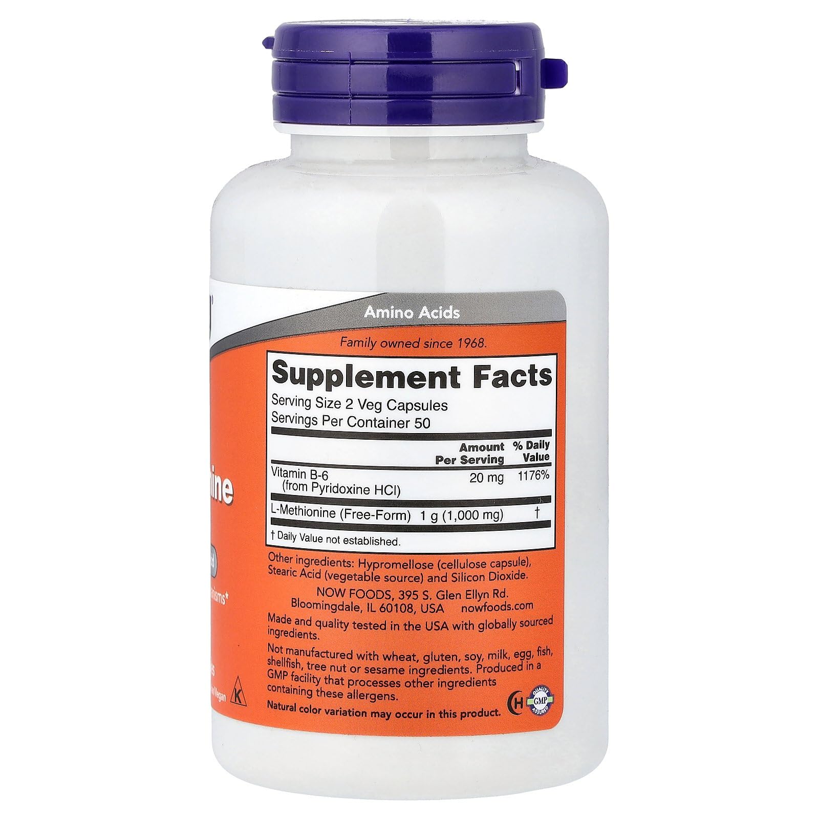 NOW Foods L-Methionine caps closeup with vitamin B-6 for better absorption