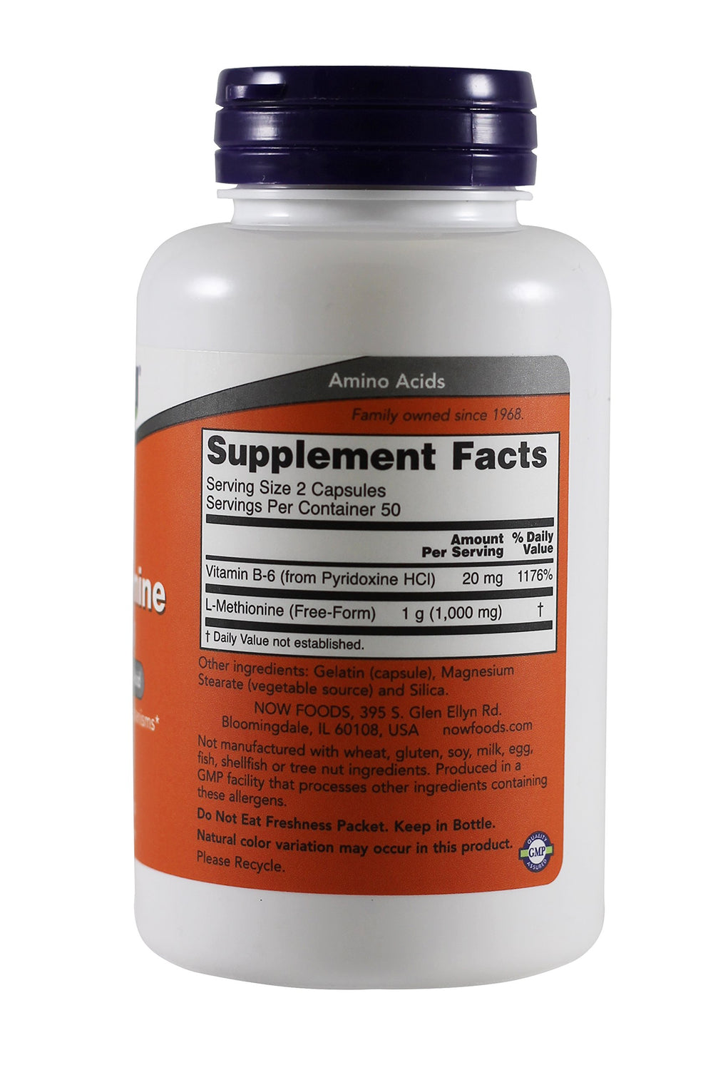 Now Foods L-Methionine capsules closeup; convenient daily support for essential amino acids.