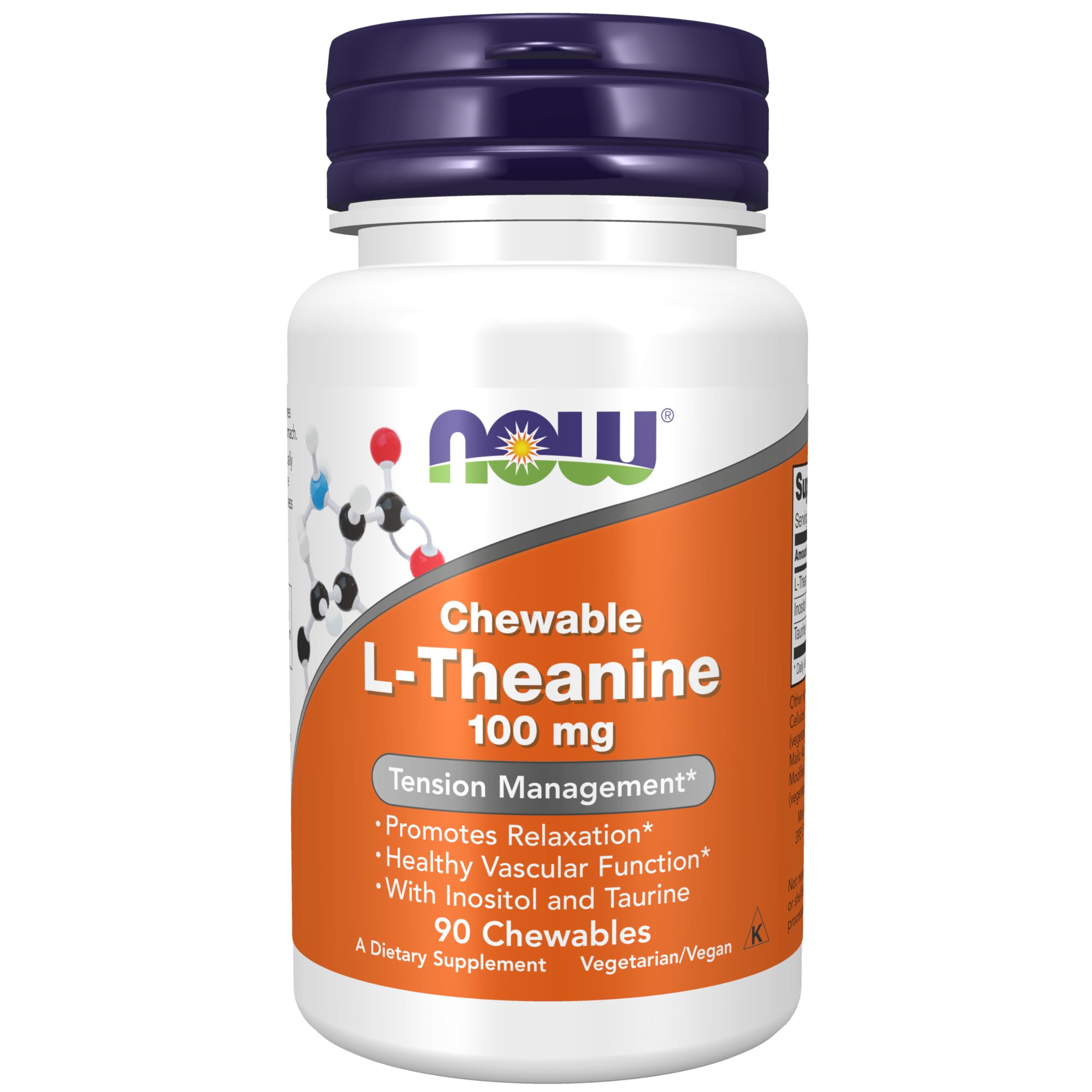 NOW Foods L-Theanine 100 mg with Inositol and Taurine bottle showing berry flavor tension support
