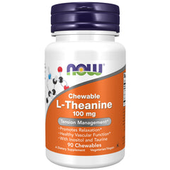 NOW Foods L-Theanine 100 mg with Inositol and Taurine bottle showing berry flavor tension support