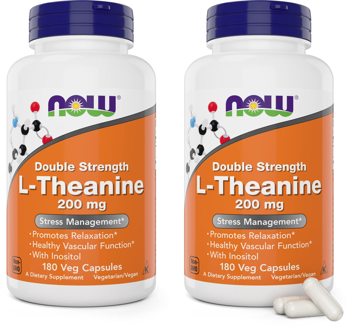 NOW Foods L-Theanine 200 mg bottle front signals calm support.
