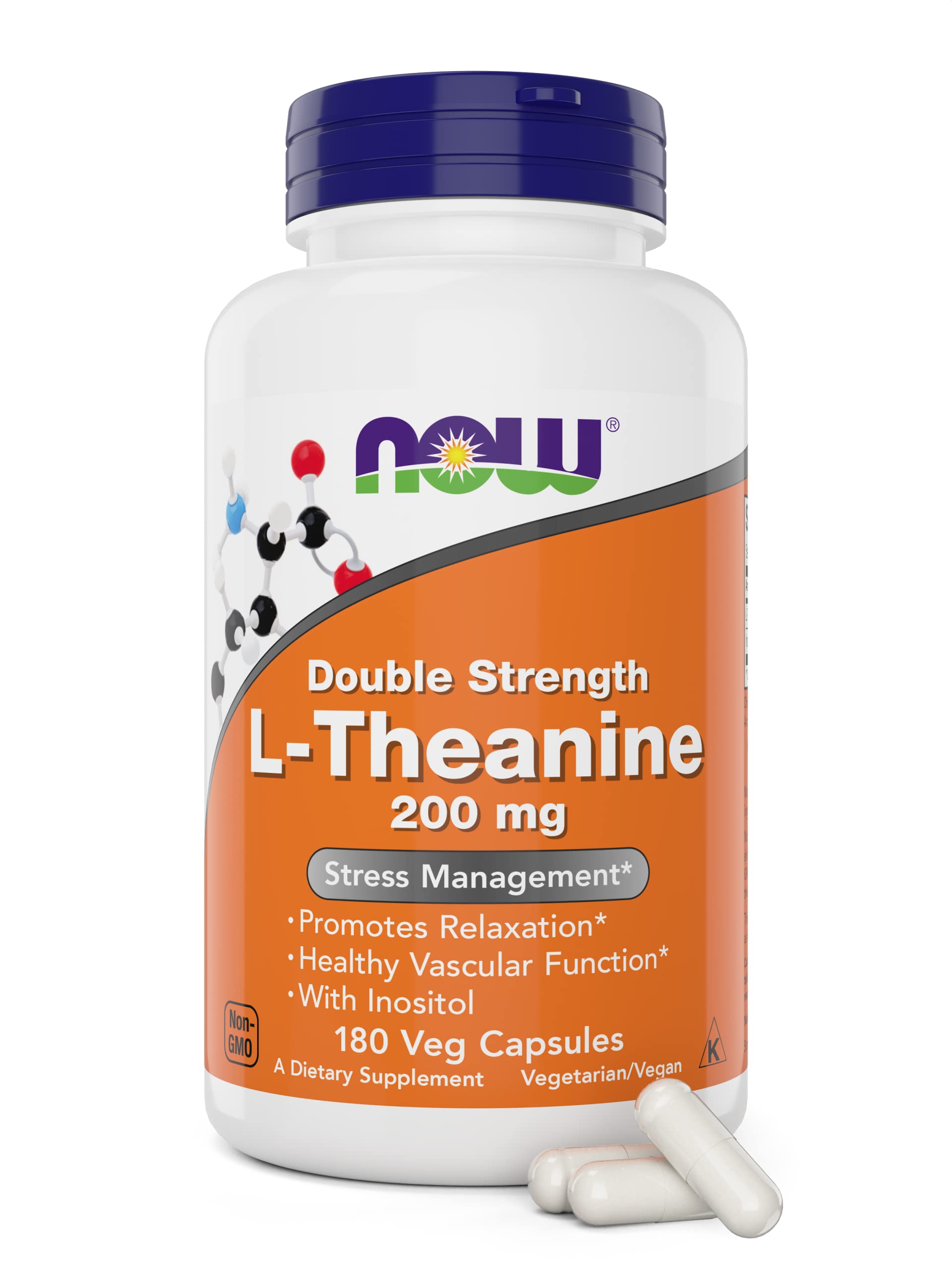 NOW Foods L-Theanine 200 mg bottle supports calm focus without drowsiness