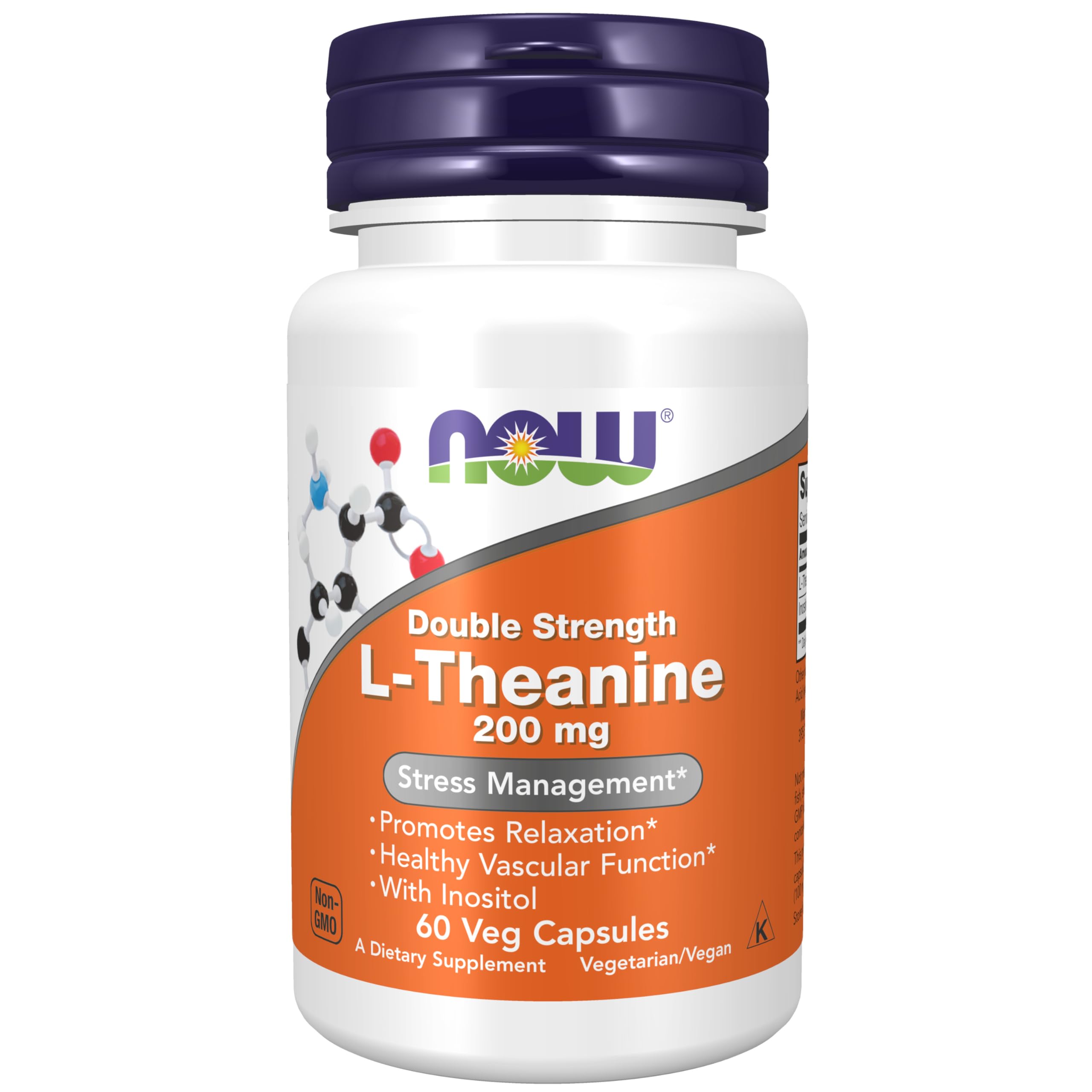 NOW Foods L-Theanine 200 mg bottle promotes relaxed focus during busy days.