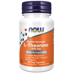 NOW Foods L-Theanine 200 mg bottle promotes relaxed focus during busy days.