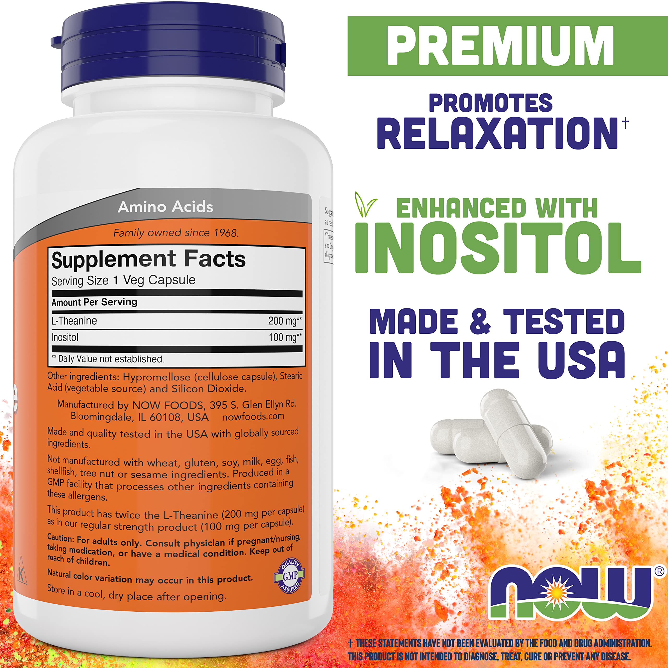 NOW Foods L-Theanine 200 mg capsules close-up for easy daily use.
