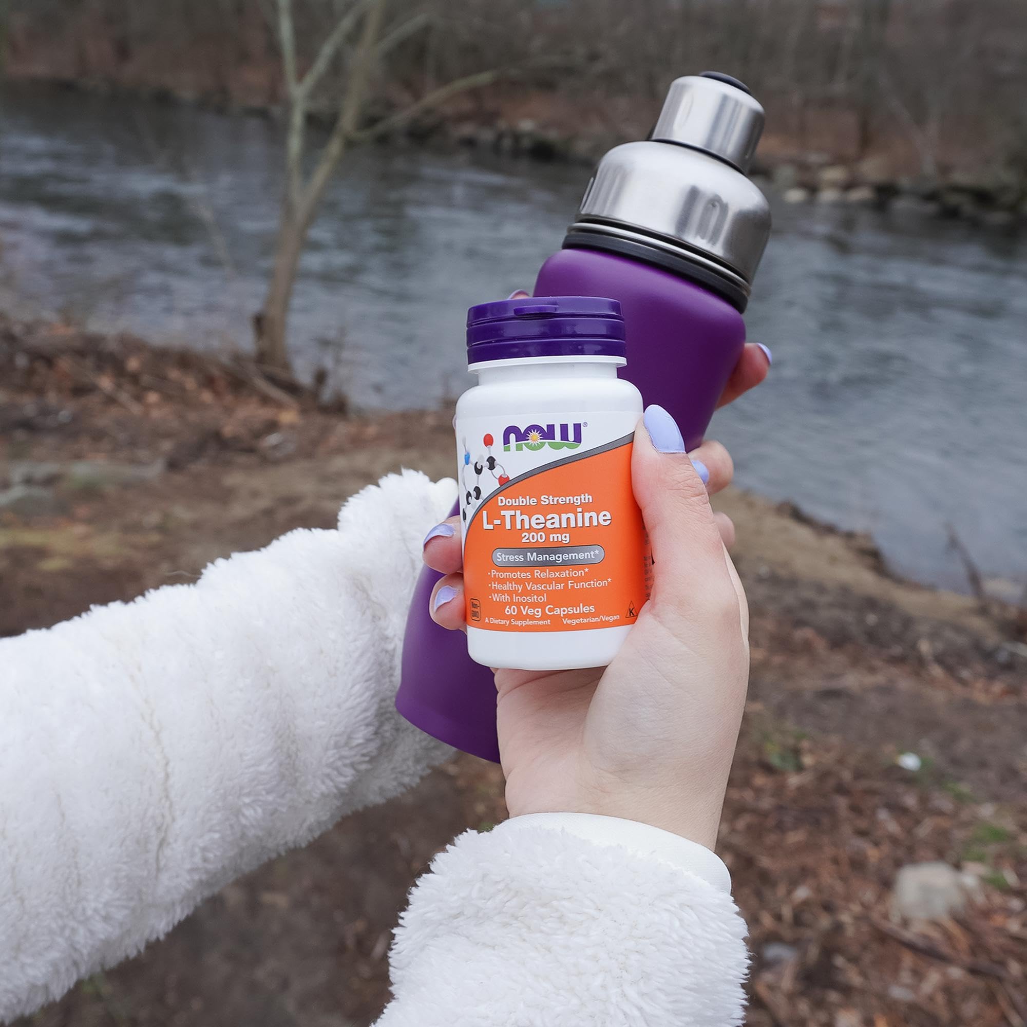 NOW Foods L-Theanine 200 mg ingredients list highlights inositol addition for brain support.