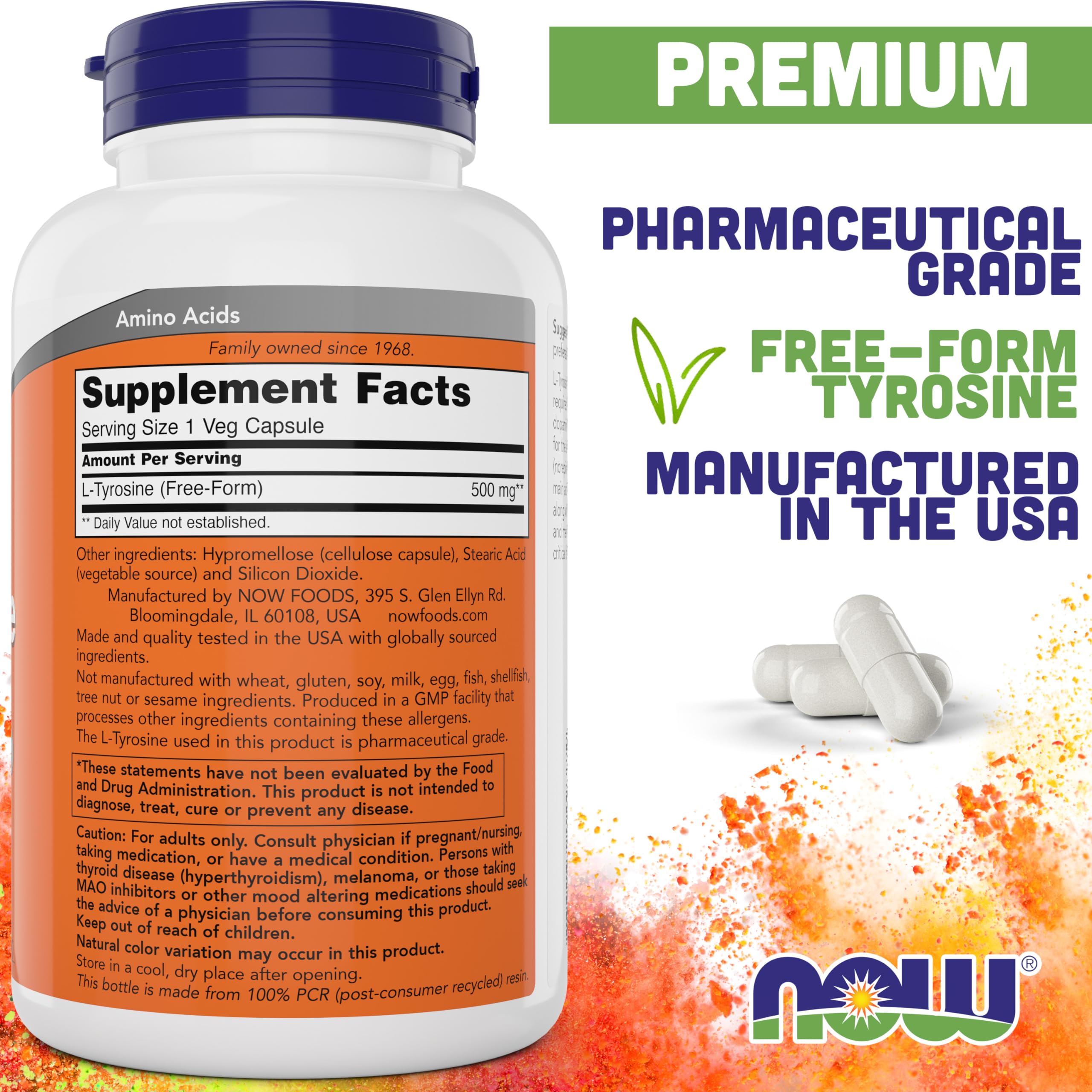 NOW Foods L-Tyrosine 500 mg bottle back view with supplement details